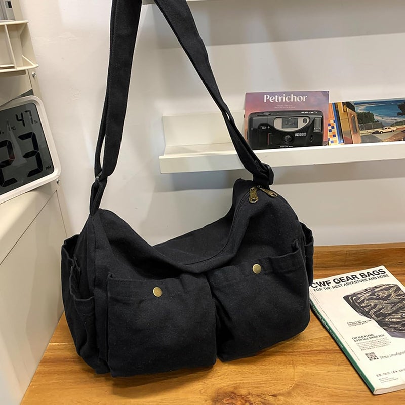 KBTYE Store Canvas Messenger Bag Cute Crossbody Tote Bag Shoulder for Women Men for School Aesthetic Hobo with Multiple Pockets - Image 3